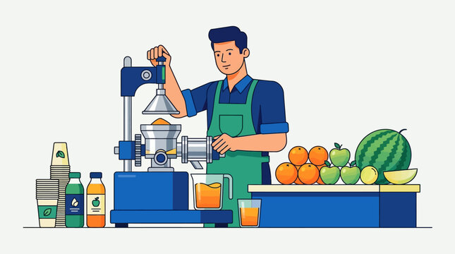 Male Juicer Specialist Operating Cold Press Machine to Make Fresh Organic Fruit Juice Vector Illustration