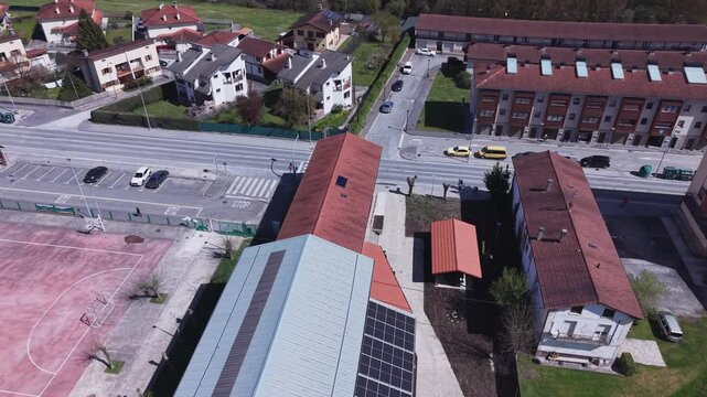 4K 60fps drone orbit shot around albergue in Zubiri on Camino Frances