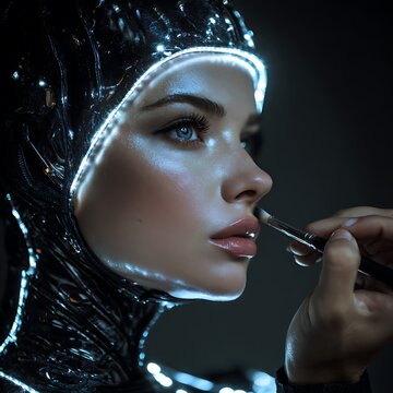 Woman wearing a futuristic glowing visor receives professional makeup application from an expert.