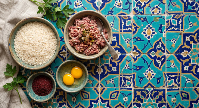 Top down view of Chelo Kebab ingredients on Isfahan mosque tiles, bottom right copy space