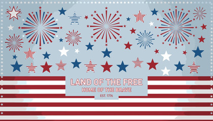 Obraz premium A vibrant patriotic illustration celebrating the United States with fireworks, stars, and stripes, featuring the text 