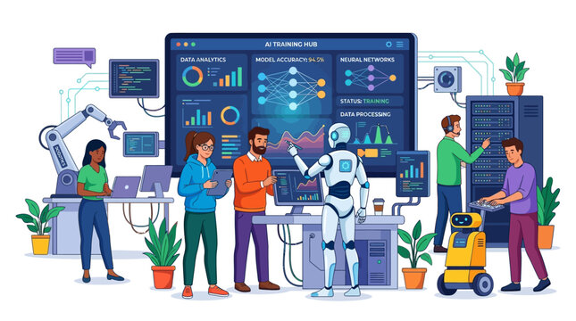 People working with robot and AI technology in modern workspace