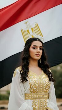 Portrait of a beautiful young Egyptian woman wearing a traditional white and gold kaftan dress standing proudly in front of the national flag of Egypt for cultural heritage concept
