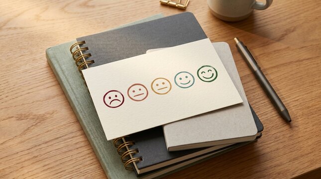 A white card displaying a range of emotional faces from sad to happy, placed on a stack of notebooks with a pen and coffee cup on a wooden desk.