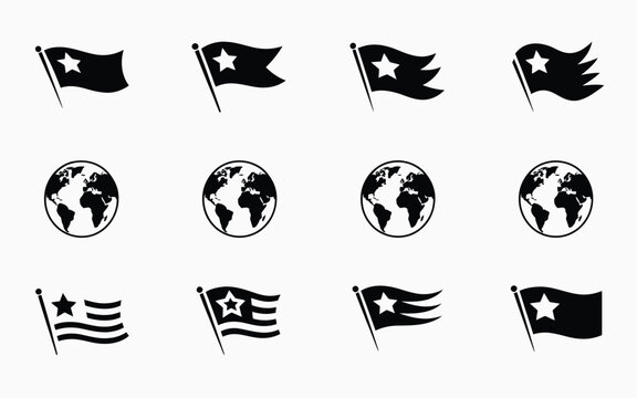 Collection of minimalist black vector flags and globes on white background for global business and navigation concepts