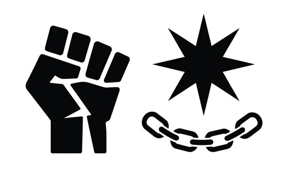 Juneteenth liberation symbols with raised fist broken chain and star on white background