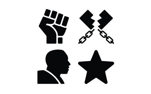 Juneteenth celebration symbols black icons set fist broken chains silhouette star