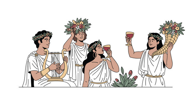 Group of ancient Greek characters in white tunics playing a lyre, drinking wine, and celebrating with a horn of plenty.