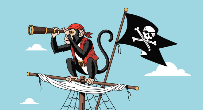 Fun illustration of a monkey dressed as a pirate looking through a telescope from the mast of a ship with a Jolly Roger flag.