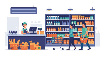 Fototapeta premium Friendly supermarket scene showing a cashier at the counter and a couple with a cart and basket shopping for groceries.