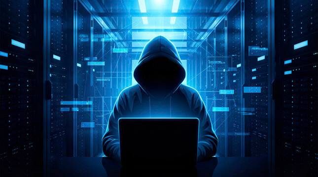 Anonymous Hacker in Hood Working on Laptop in Server Room