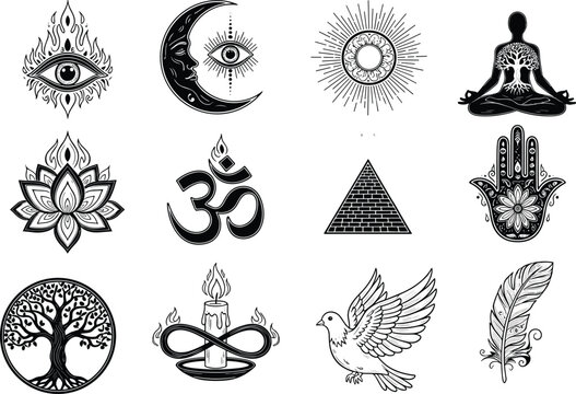 Comprehensive black and white flat vector illustration set of spiritual and mystical icons including hamsa hand, om symbol, and lotus.