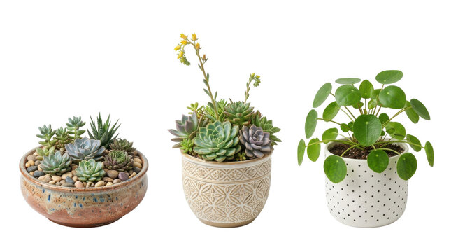 Potted succulent plants and pilea peperomioides in ceramic pots, collection of green indoor houseplants, botanical home decor on white background