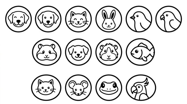 Collection of Cute Animal Faces in Circles Simple Line Art Icons.