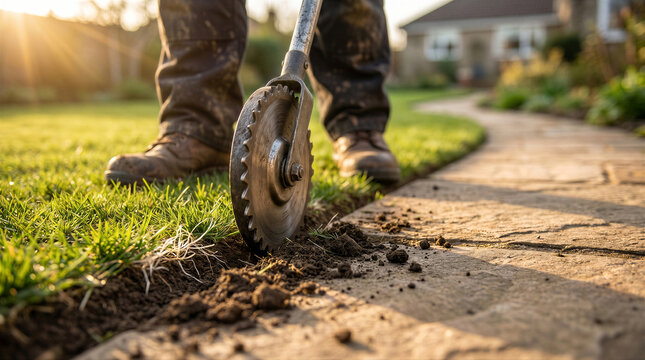 Closeup of a gardener using a manual lawn edger tool to create a clean edge along a stone pathway in a residential garden at sunset
