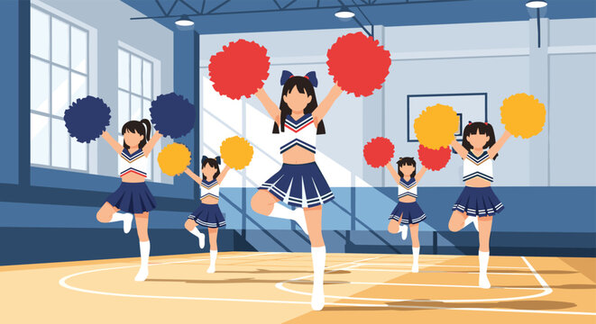 Energetic group of young female cheerleaders in uniform performing a synchronized routine with colorful pom-poms in a high school gymnasium.