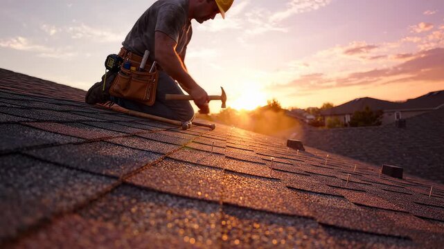 Man working on roof with hammer emphasizing manufacturing strength and precision engineering