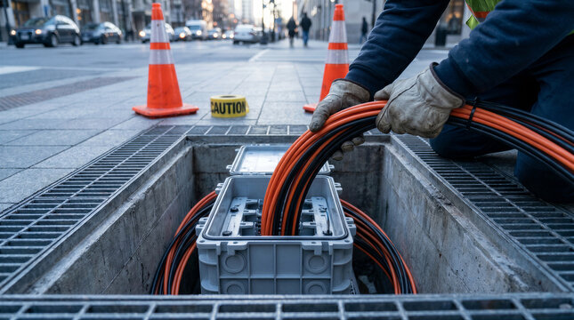 Utility worker installing fiber optic cables in an underground junction box on a city street with traffic cones and caution tape