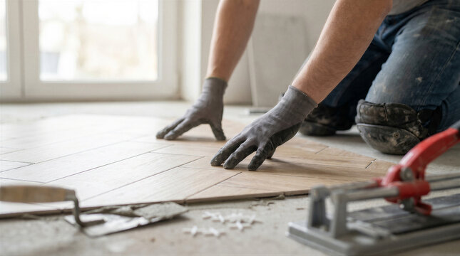 Professional tiler laying woodeffect ceramic tiles on the floor in a new house renovation project