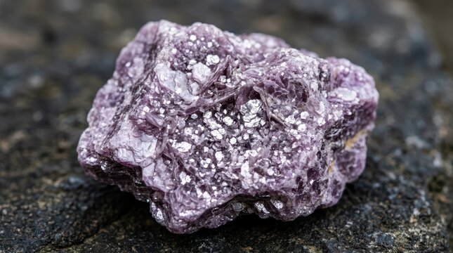 Lepidolite Mica Cluster on Rock Background Close up