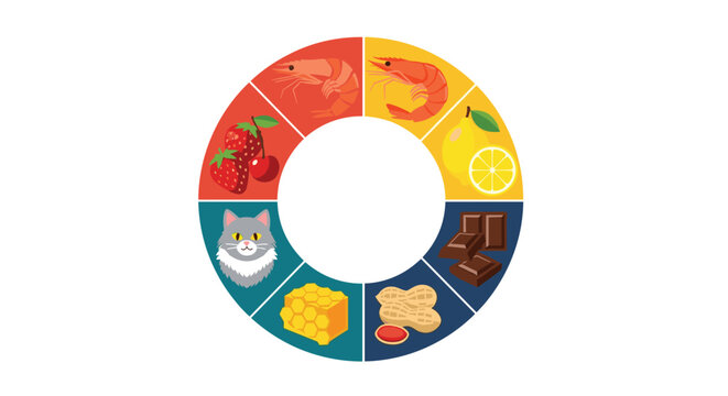 Informative circular diagram illustrating common food and environmental allergens including shellfish, fruit, nuts, honey, chocolate, and pet dander.
