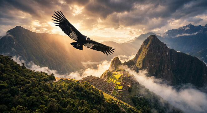 Majestic Andean Condor Soars Over Sun-Drenched Inca Ruins in the Andes Mountains