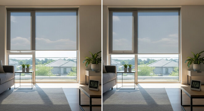 A split image shows a comparison of room lighting with roller blinds. One side displays blinds partially rolled up, letting in natural light and showcasing a sunlit living room with a view of houses.
