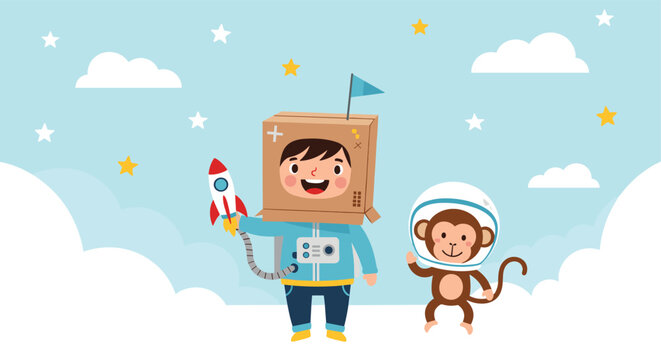 Creative young boy playing in a cardboard box astronaut suit alongside his monkey friend in a space helmet amidst clouds and stars.