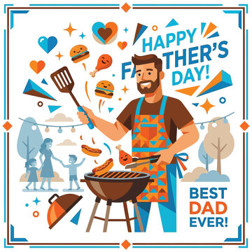 Celebrate Father's Day with a fun design showing a dad grilling delicious treats for his family while surrounded by festive decorations, making it a perfect greeting for this special occasion