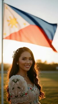Young Filipina woman in traditional Filipiniana dress standing before Philippine flag at sunset, representing national pride, cultural heritage, and Asian beauty