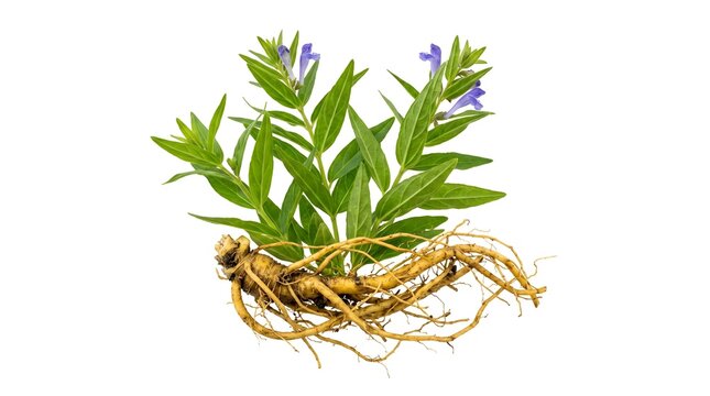 Fresh whole Chinese Skullcap (Scutellaria baicalensis) plant including roots and flowers, isolated on white background.