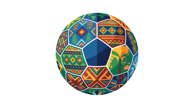 A vibrant vector illustration of a soccer ball decorated with a patchwork of global cultural patterns, ethnic geometric motifs, world map segments, and colorful traditional designs on white.