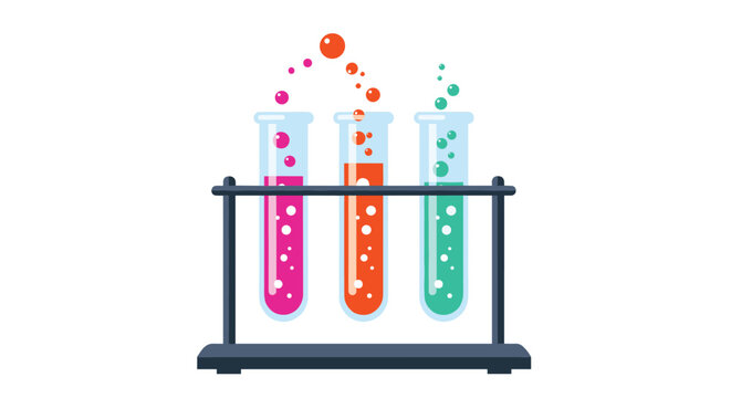 Three glass test tubes filled with pink, orange, and blue liquids sit in a black rack with bubbles rising from the tops.