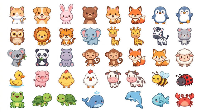 Collection of Cute Cartoon Animals in Rows.