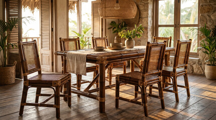 Fototapeta premium dining room featuring a dark bamboo table and woven rattan chairs, accented by a large wicker pendant light and tropical villa background. 