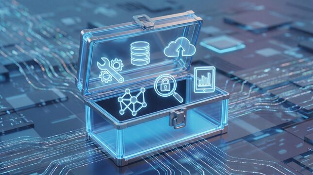 Digital Technology Toolbox Concept with Glowing Icons for Cloud, Big Data, Cyber Security, and Analytics