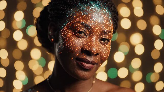 Woman with glowing dot patterns on face symbolizing dynamic movement and artistic expression