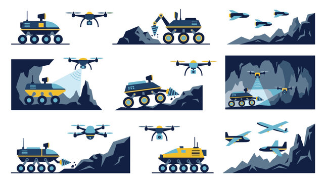 Robotic exploration of alien planets with drones and rovers PNG Isolated on transparent background