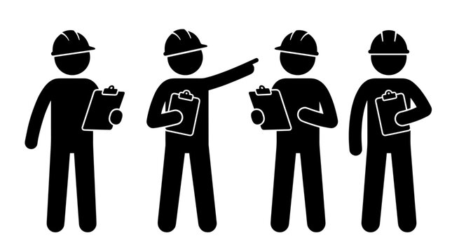 Construction workers in hard hats holding clipboards and pointing PNG Isolated on transparent background