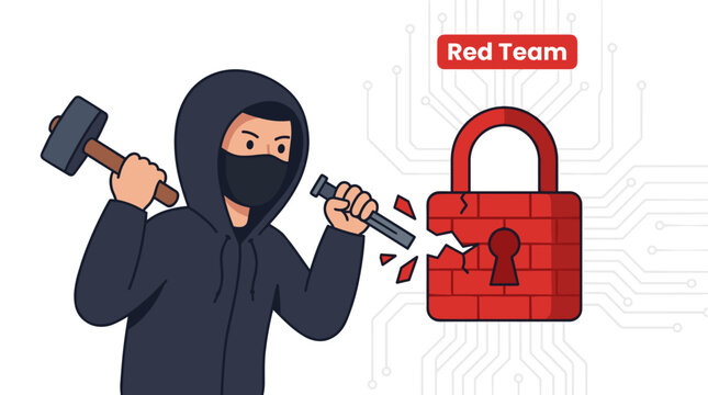 Hacker in hoodie and mask breaking red padlock with hammer and chisel cyber security concept PNG Isolated on transparent background