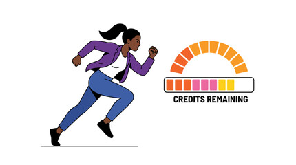Fototapeta premium Woman running next to a progress bar indicating credits remaining PNG Isolated on transparent background