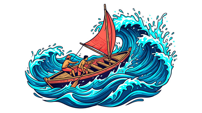 Traditional Sailing Canoe with Two Fishermen Navigating Through High Stormy Ocean Waves, Nautical Adventure Illustration
