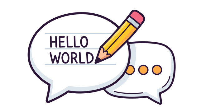 Speech bubble with pencil writing Hello World and communication icons PNG Isolated on transparent background