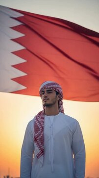 Young Arab man in traditional thobe and shemagh standing proudly in front of a large national flag at sunset, representing patriotism, cultural heritage, and Middle Eastern identity