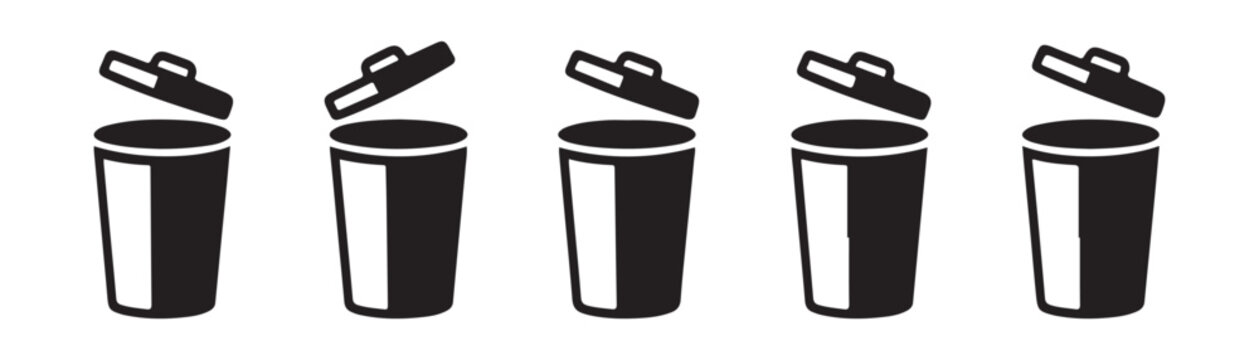 Five open trash can icons with lids removed isolated on transparent background for various web tasks.