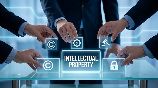 Businessmen collaboratively arranging digital icons representing intellectual property, copyright, innovation, law, and security on a futuristic interface.