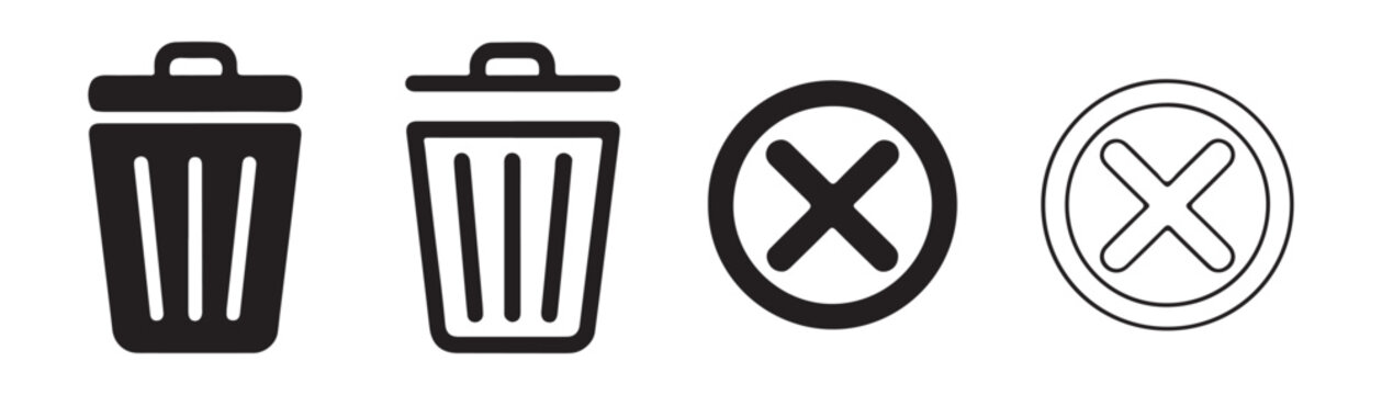 Set of four trash can and cross mark icons isolated on transparent background for web user interface.