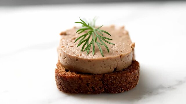 Gourmet liver p&acirc;t&eacute; appetizer on toasted dark rye bread with fresh dill