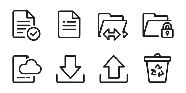 Digital collection of file management folder document and upload download arrow icons for web design.