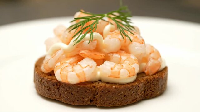 Gourmet shrimp sm&oslash;rrebr&oslash;d on toasted rye bread with dill and mayonnaise